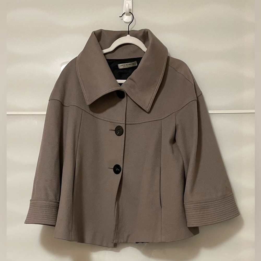 Zara fall Jacket cropped sleeves swing l size L taupe brown wool wide collar